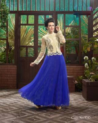 Off white & blue embroidered soft net semi stitched party wear gown 1