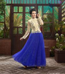 Off white & blue embroidered soft net semi stitched party wear gown