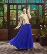 Off white & blue embroidered soft net semi stitched party wear gown