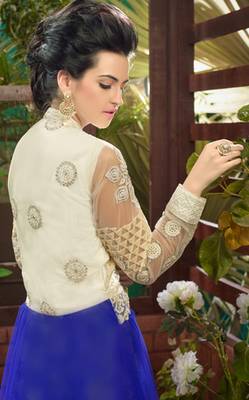 Off white and blue embroidered soft net semi stitched party wear gown 2