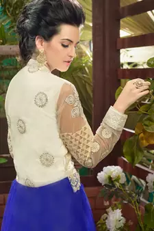 Off white and blue embroidered soft net semi stitched party wear gown