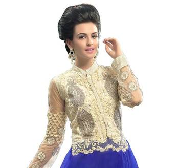 Off white & blue embroidered soft net semi stitched party wear gown 2