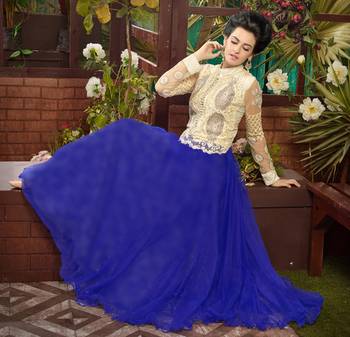 Off white and blue embroidered soft net semi stitched party wear gown 3