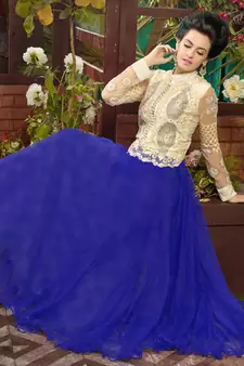 Off white and blue embroidered soft net semi stitched party wear gown