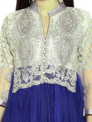 Off white & blue embroidered soft net semi stitched party wear gown 3