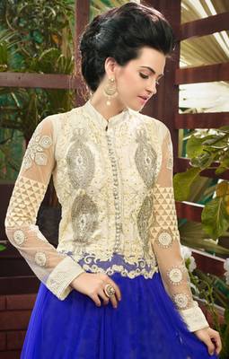 Off white and blue embroidered soft net semi stitched party wear gown 4