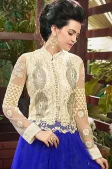 Off white and blue embroidered soft net semi stitched party wear gown
