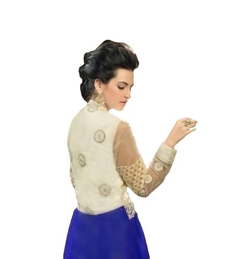 Off white & blue embroidered soft net semi stitched party wear gown