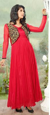 Red embroidered net semi stitched wear gown 1