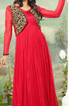 Red embroidered net semi stitched party wear gown