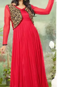 Red embroidered net semi stitched party wear gown