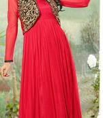Red embroidered net semi stitched party wear gown