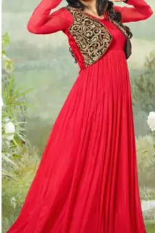 Red embroidered net semi stitched party wear gown
