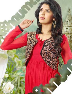 Red embroidered net semi stitched wear gown 3