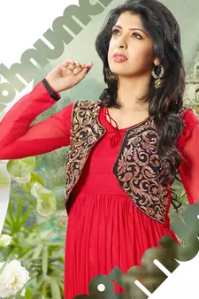 Red embroidered net semi stitched party wear gown