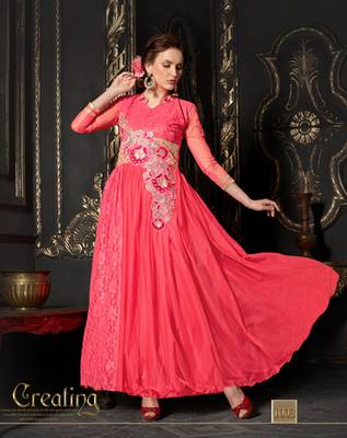 Peach embroidered net semi stitched party wear gown 1