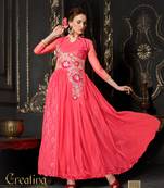 Peach embroidered net semi stitched party wear gown