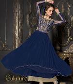 Blue embroidered net semi stitched party wear gown
