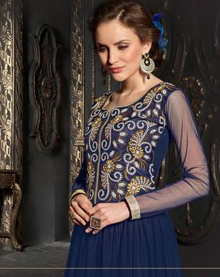 Blue embroidered net semi stitched party wear gown 2