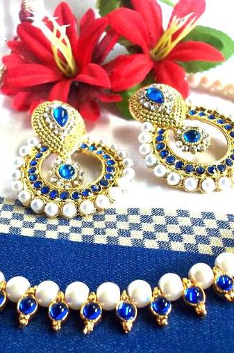Dark Blue Pearl Polki Earring and Necklace