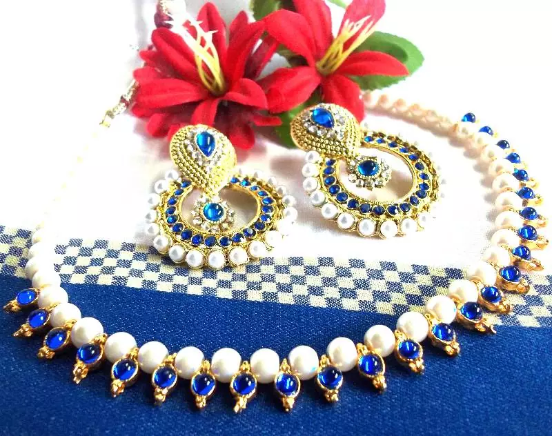 Dark Blue Pearl Polki Earring and Necklace