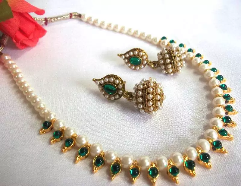 Dark Green Pearl Gota  Necklace Set