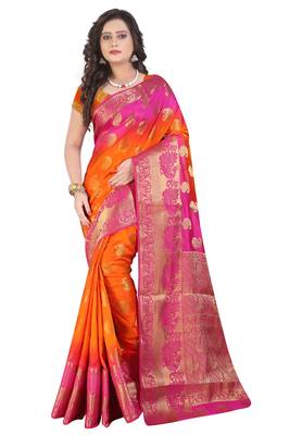 Dark orange printed pure banarasi silk saree with blouse 1