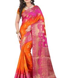 Dark orange printed pure banarasi silk saree with blouse