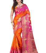 Dark orange printed pure banarasi silk saree with blouse