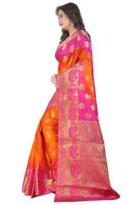 Dark orange printed pure banarasi silk saree with blouse 2