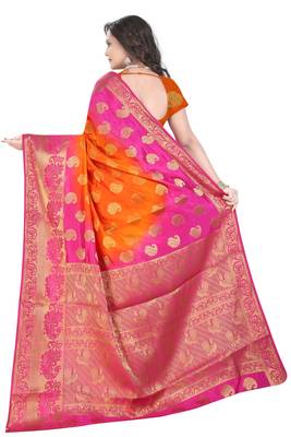 Dark orange printed pure banarasi silk saree with blouse 3