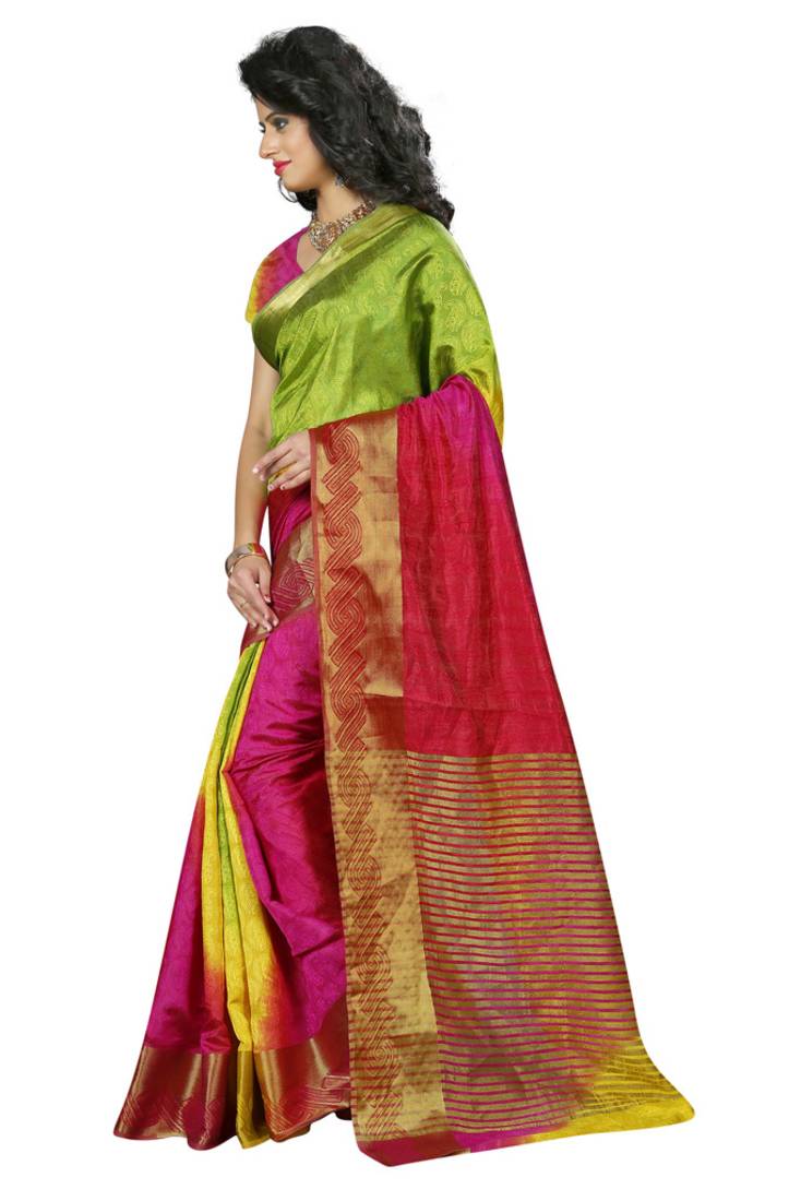 Dark multicolor printed pure banarasi silk saree with blouse