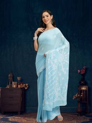 Ada Hand Crafted Blue Faux Georgette Lucknowi Chikankari Indian Women Saree With Blouse - A130232 1