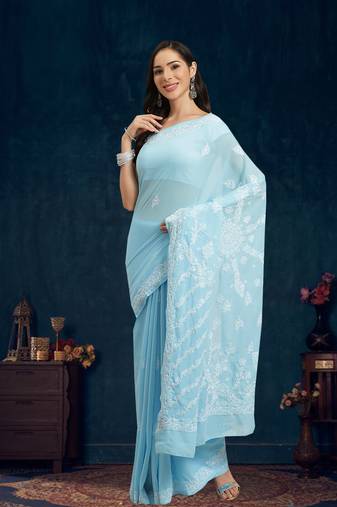 Ada Hand Crafted Blue Faux Georgette Lucknowi Chikankari Indian Women Saree With Blouse - A130232