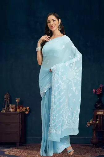 Ada Hand Crafted Blue Faux Georgette Lucknowi Chikankari Indian Women Saree With Blouse - A130232