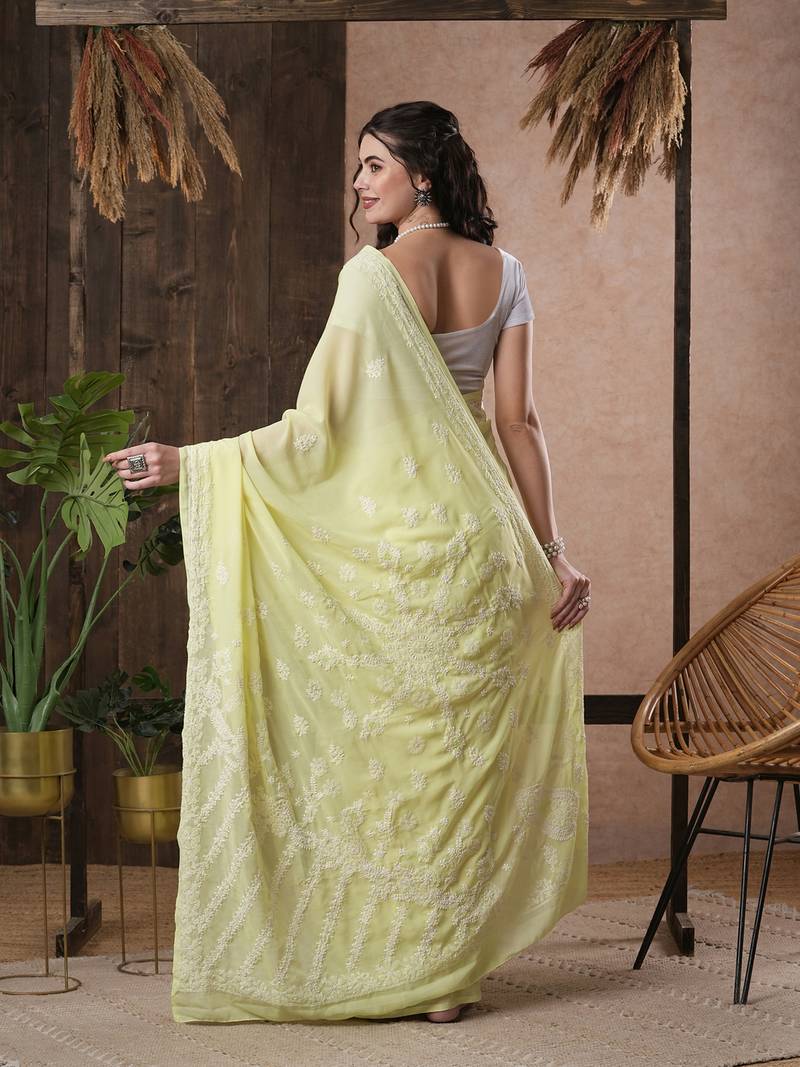 Hand Embroidered Lemon Faux Georgette Lucknow Chikankari Indian Women Saree With Blouse