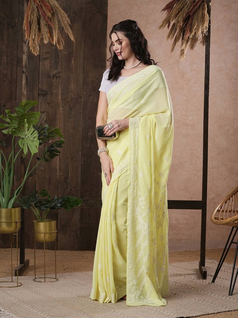 Hand Embroidered Lemon Faux Georgette Lucknow Chikankari Indian Women Saree With Blouse