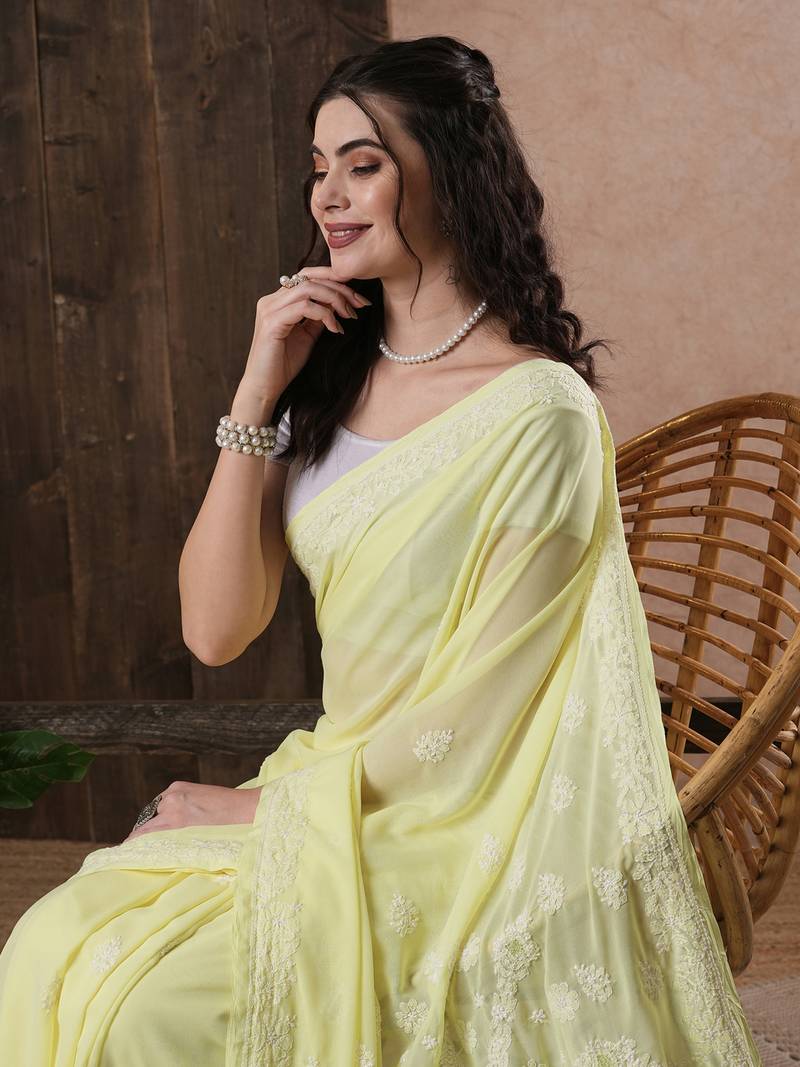 Hand Embroidered Lemon Faux Georgette Lucknow Chikankari Indian Women Saree With Blouse