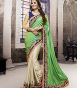 Parrot green embroidered satin saree with blouse