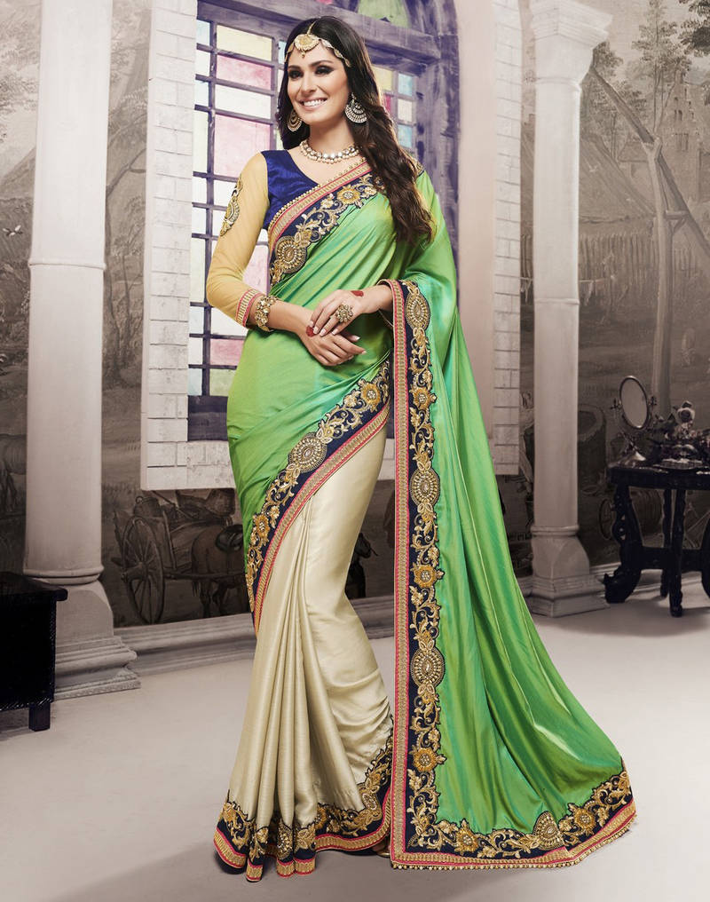 Parrot green embroidered satin saree with blouse