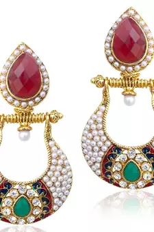 Antique Victorian Maroon Green Fusion India-British Sparkling Stone Pearl Polki Earring o28mg