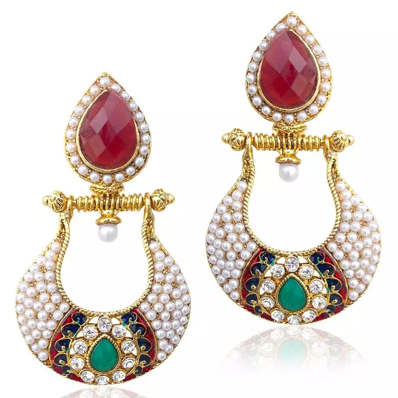 Antique Victorian Maroon Green Fusion India-British Sparkling Stone Pearl Polki Earring o28mg