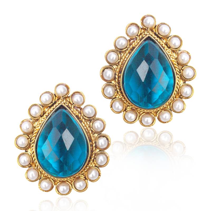 Ethnic India Vintage Earring- Friendly Turquoise stone with a pearl border ha82t