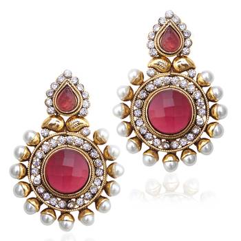 Friendly dark pink rani stone charming pearl polki earring c461r 1