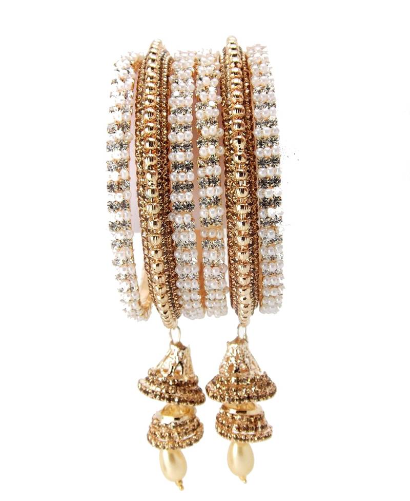 Jodha Style Pearl Cubic Zirconia Gold Plated PC Chuda Bangle Set