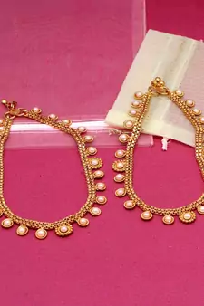 Beautiful Gold Plated Pearls Studded 2 Line Payal Anklets Fashion Jewelry