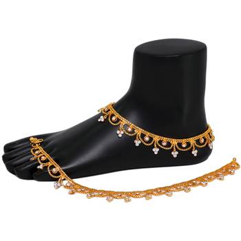 Gold Plated Shiny Clear Crystal Jhalar Style Beautiful Rajasthani Payals Anklets 2