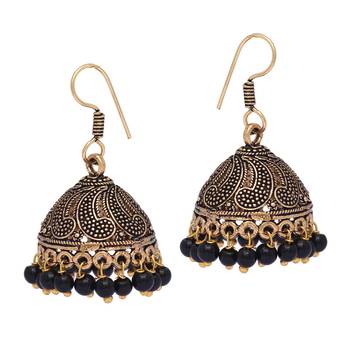 Gold Oxidised Black Color Beaded Jhumki Earrings For Girls/Women 1