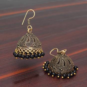 Gold Oxidised Black Color Beaded Jhumki Earrings For Girls/Women 2