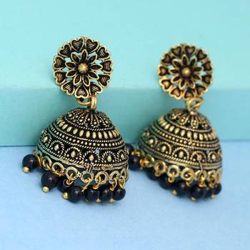 Floral Design Gold Oxidised Black Color Beaded Jhumki Earrings For Girls/Women 2
